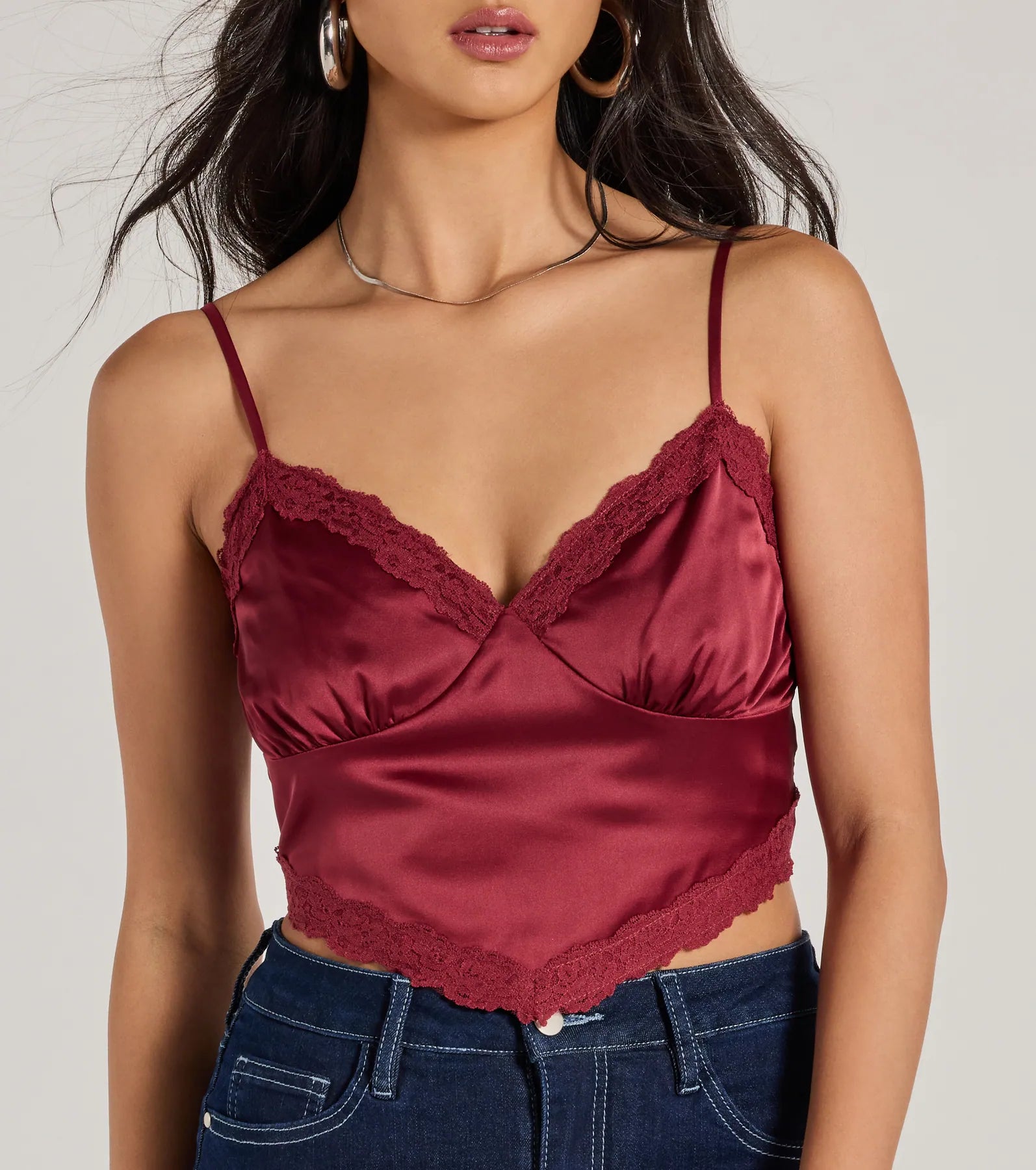 Romance In The Air Lace Trim Satin Cami Crop Top