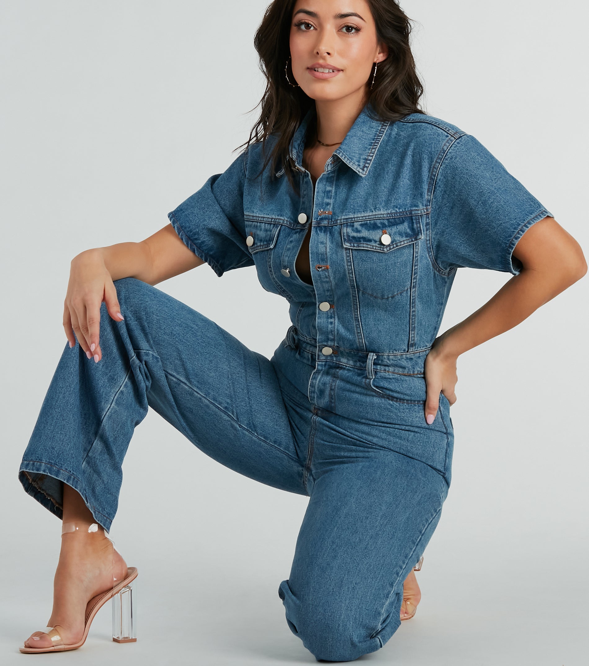 One And Done Short Sleeve Wide-Leg Denim Jumpsuit