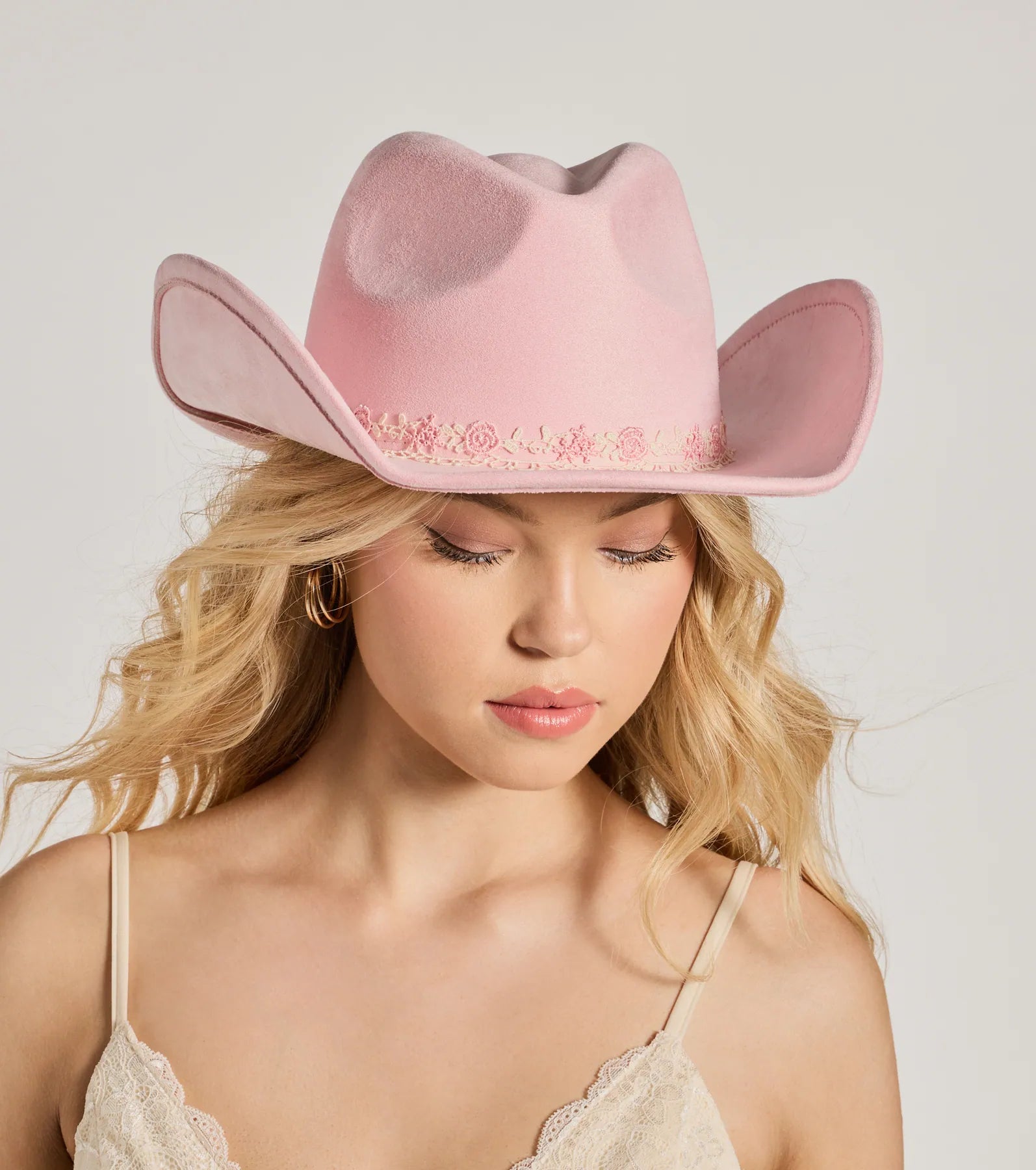 Country Floral Lace Bow Faux Suede Cowboy Hat