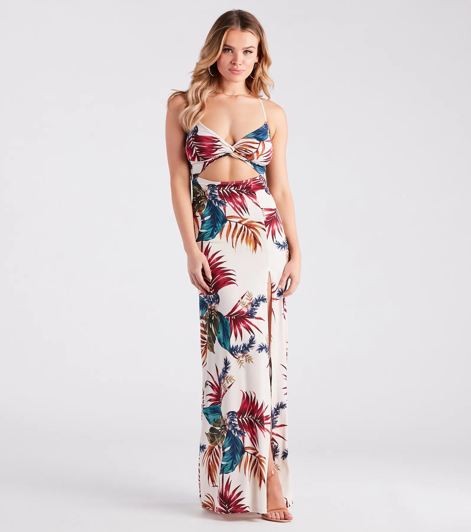 Vacation Awaits Tropical Print Cutout Maxi Dress