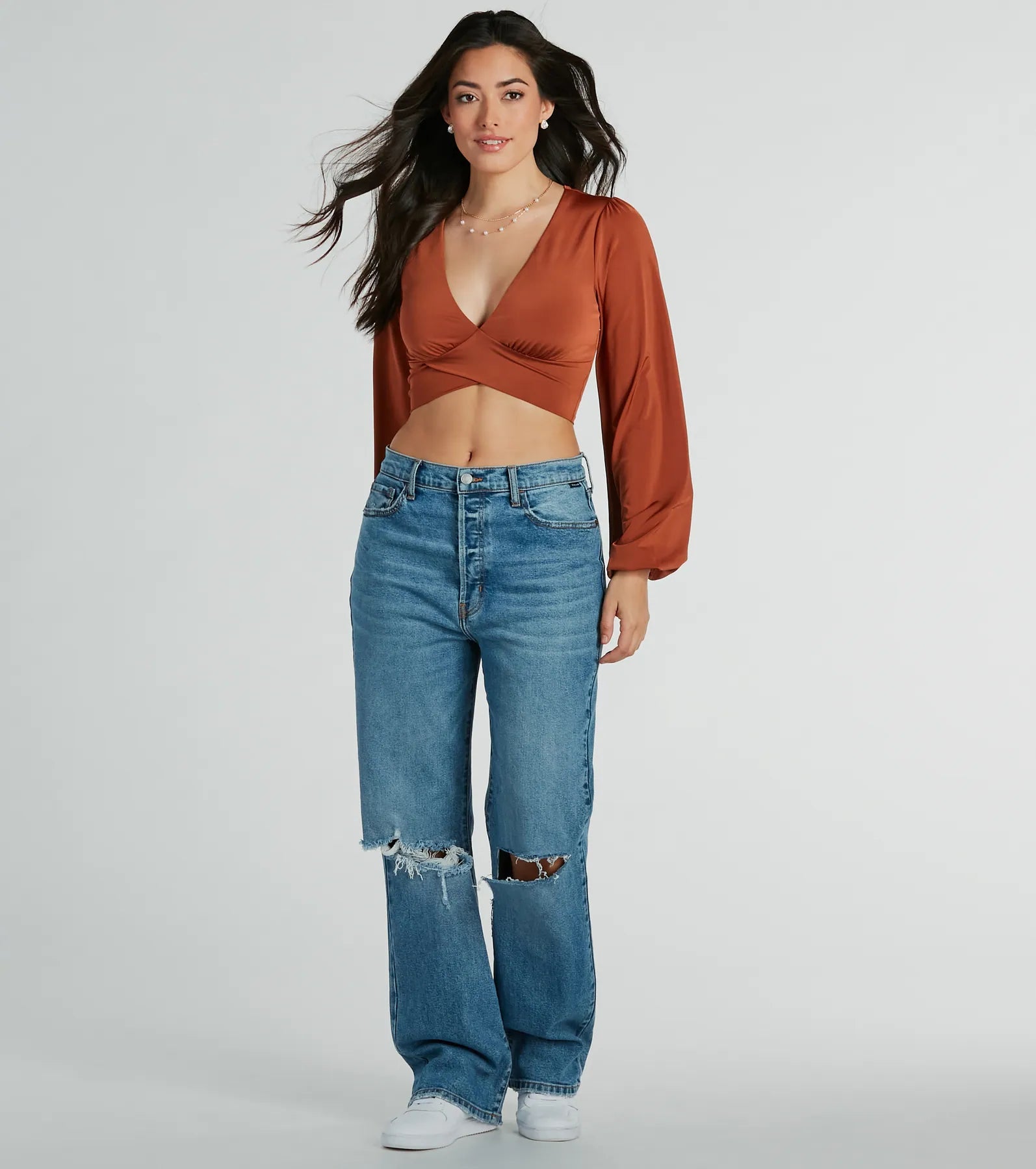 Smooth Talkin' Long Sleeve V-Neck Crop Blouse