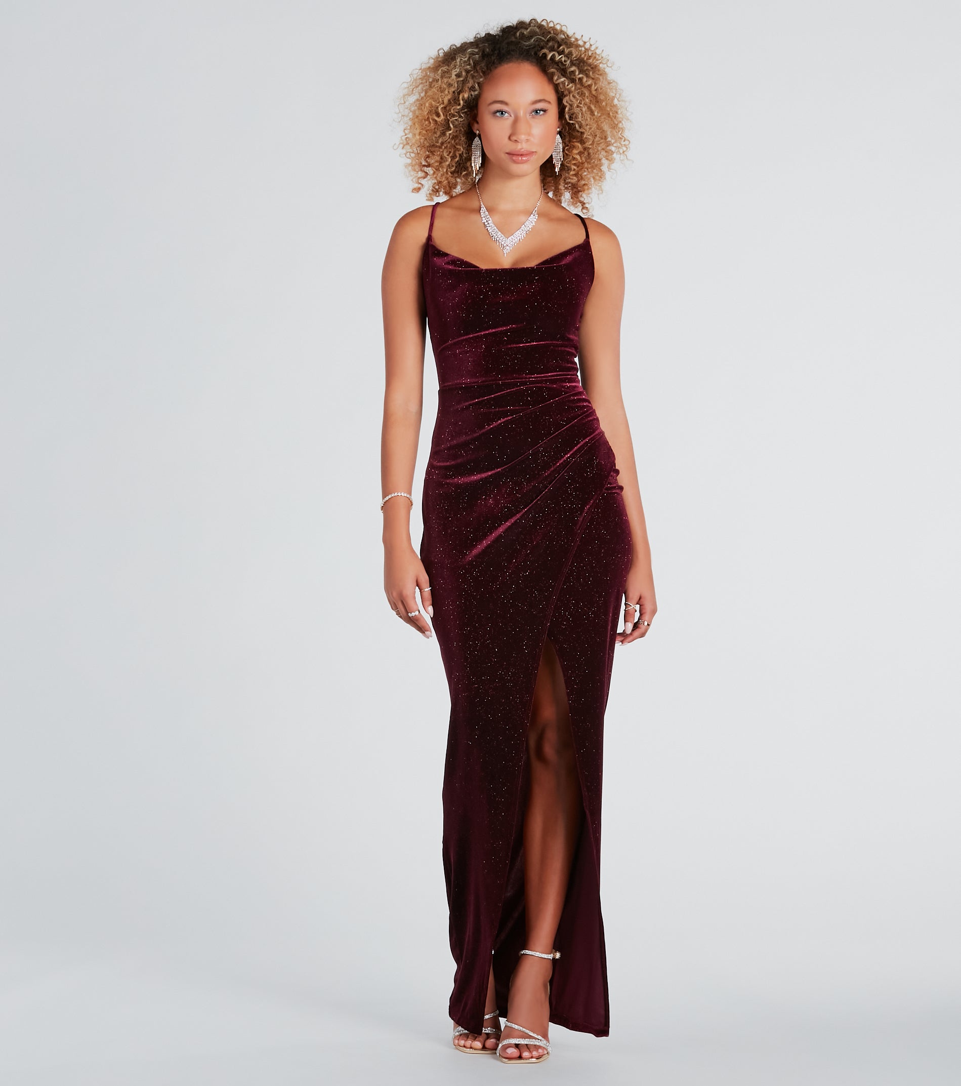 Prianka Formal Glitter Velvet Cowl Neck Dress