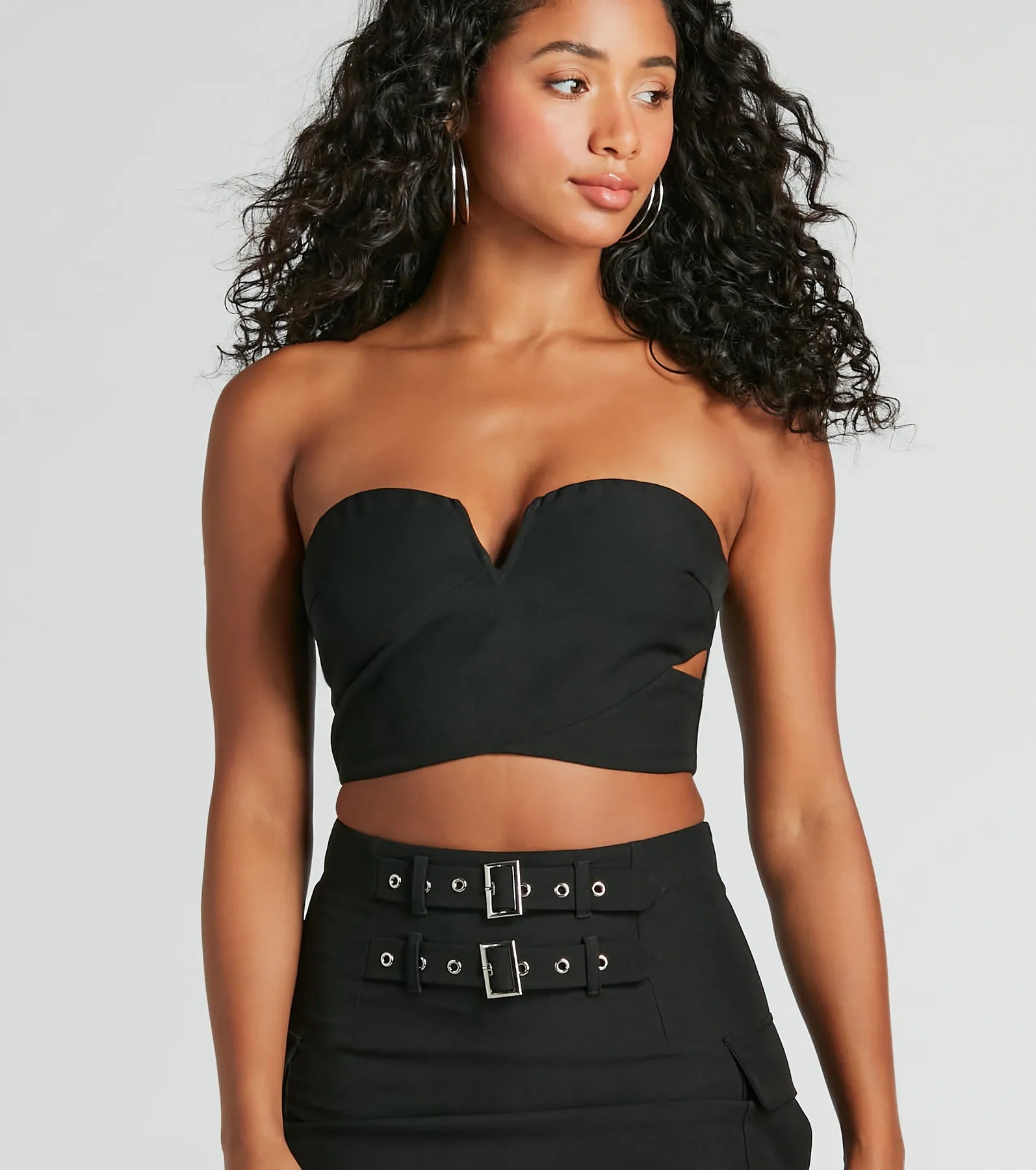 Major Baddie Strapless Cutout Woven Crop Top