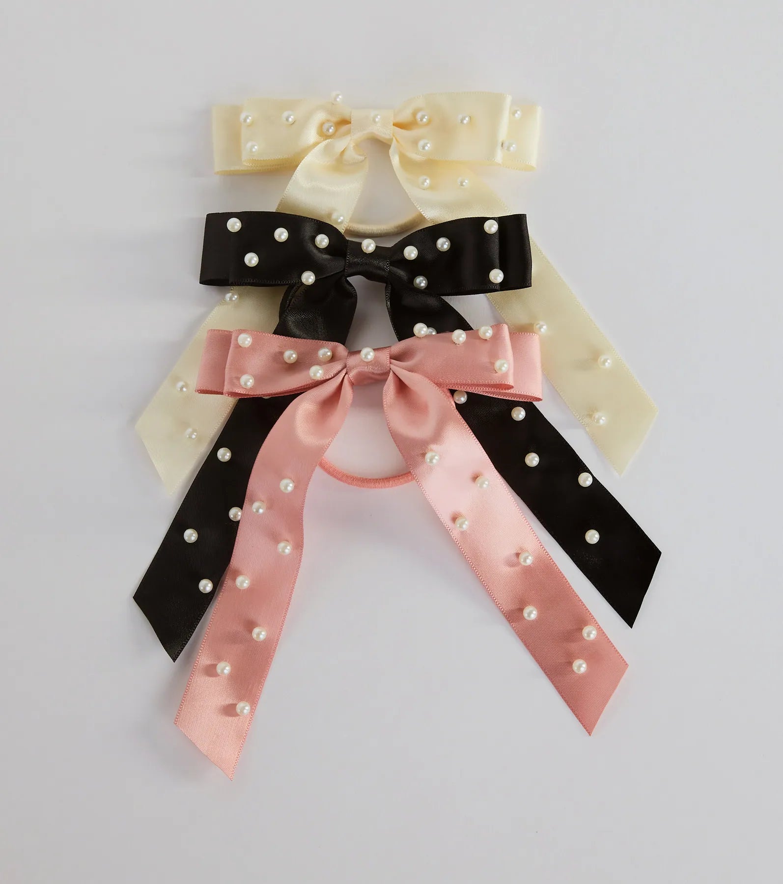 Posh Faux Pearl Satin Bow Three-Pack Hair Ties