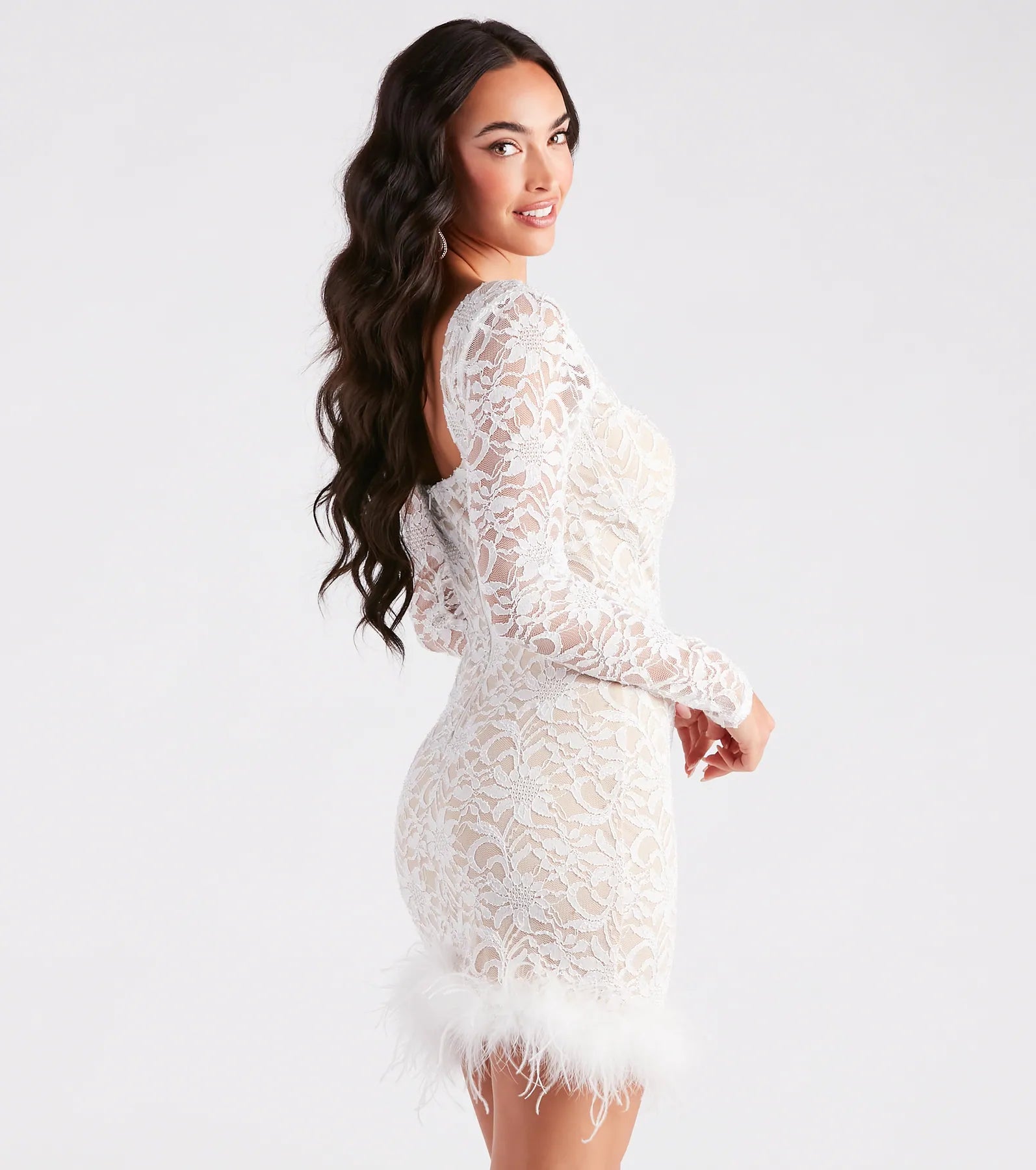 Natasha Lace Long Sleeve Feather Mini Dress