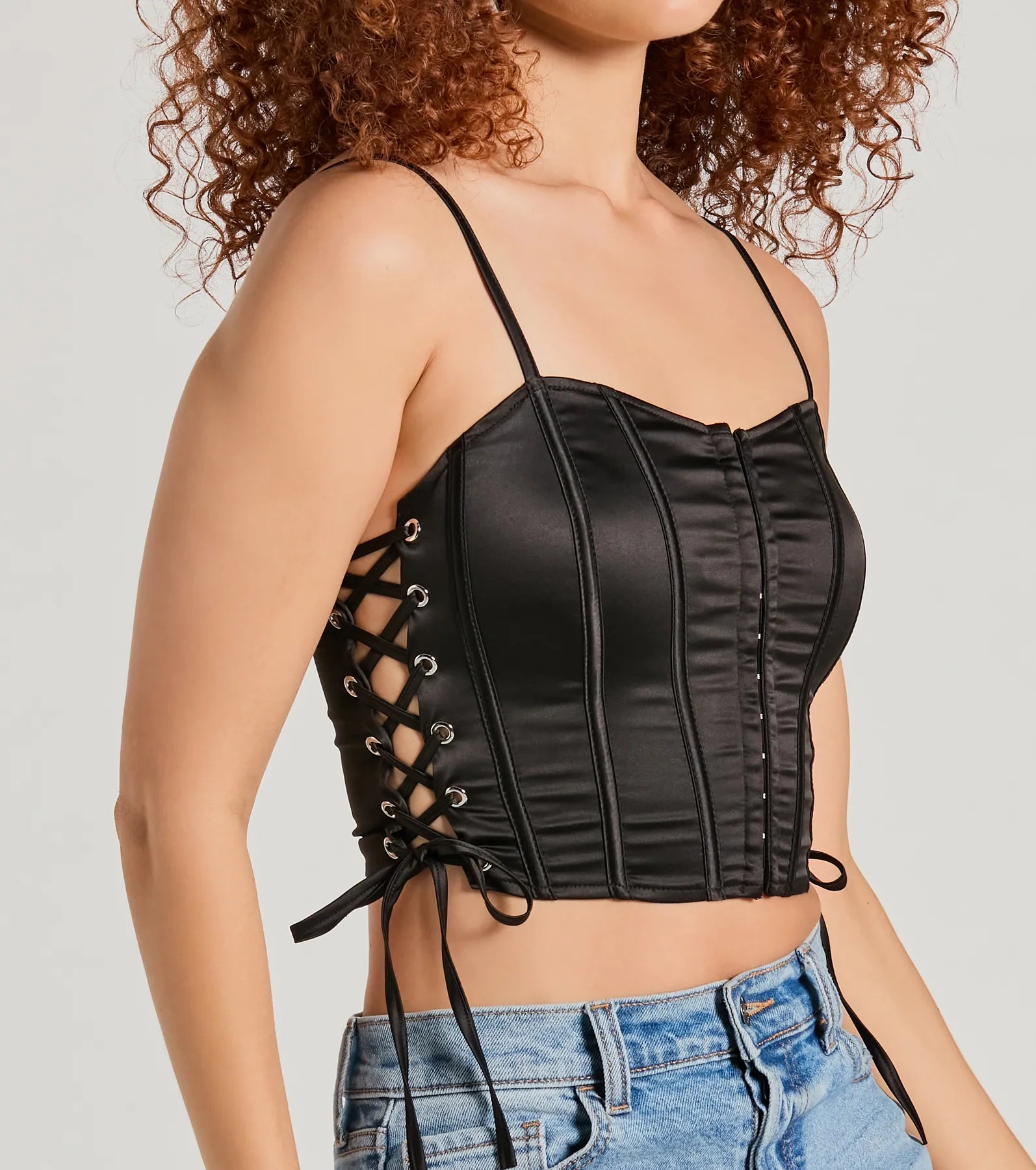 Love It Lace-Up Satin Cropped Corset Top