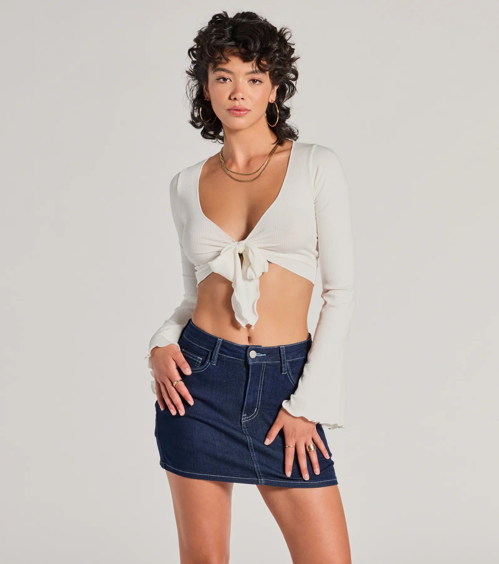 Infinite Possibilities Long Sleeve Tie-Front Crop Top